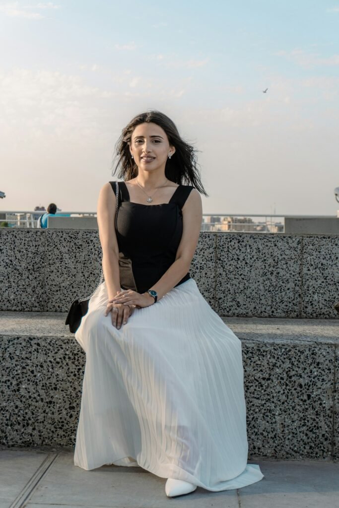Pleated midi skirt fashion photo