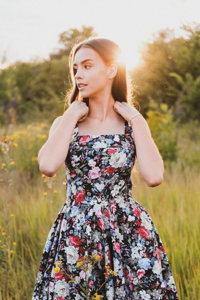 Retro floral midi dress fashion photo