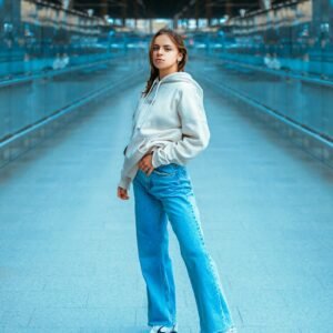 Woman wearing straight-fit denim jeans