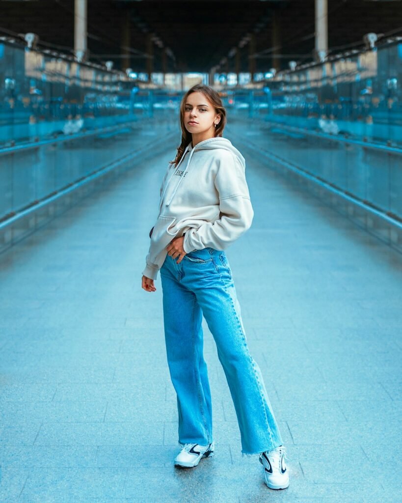 Woman wearing straight-fit denim jeans